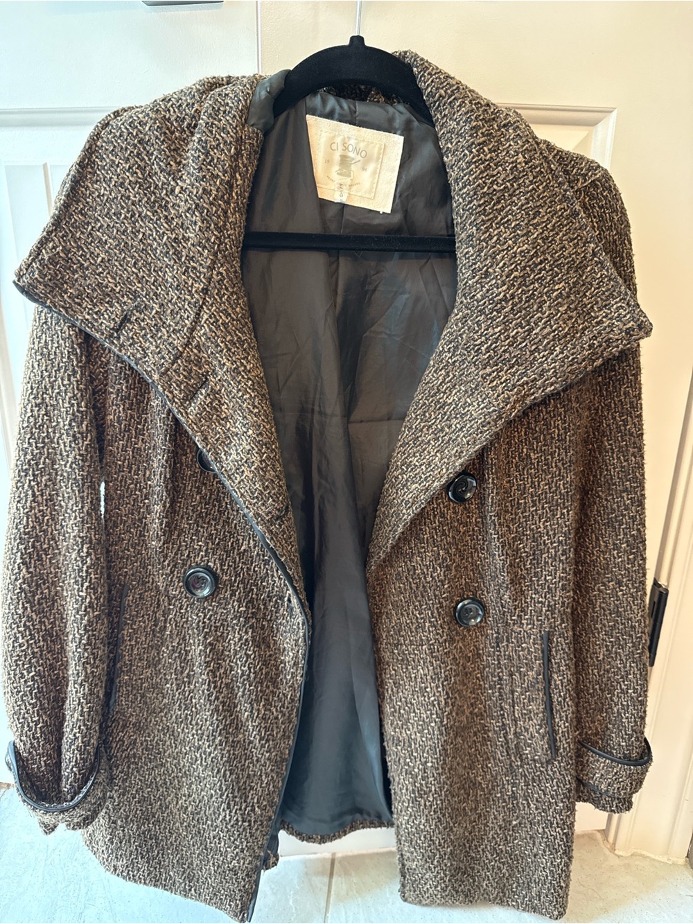 Ci Sono Brown Tweed Double-Breasted Peacoat with Wide Collar